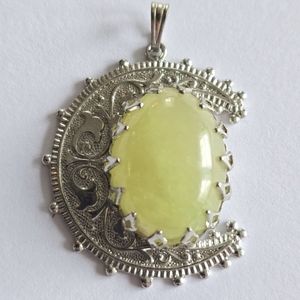 Vintage crescent moon pendant silver tone lemon yellow stone eclipse